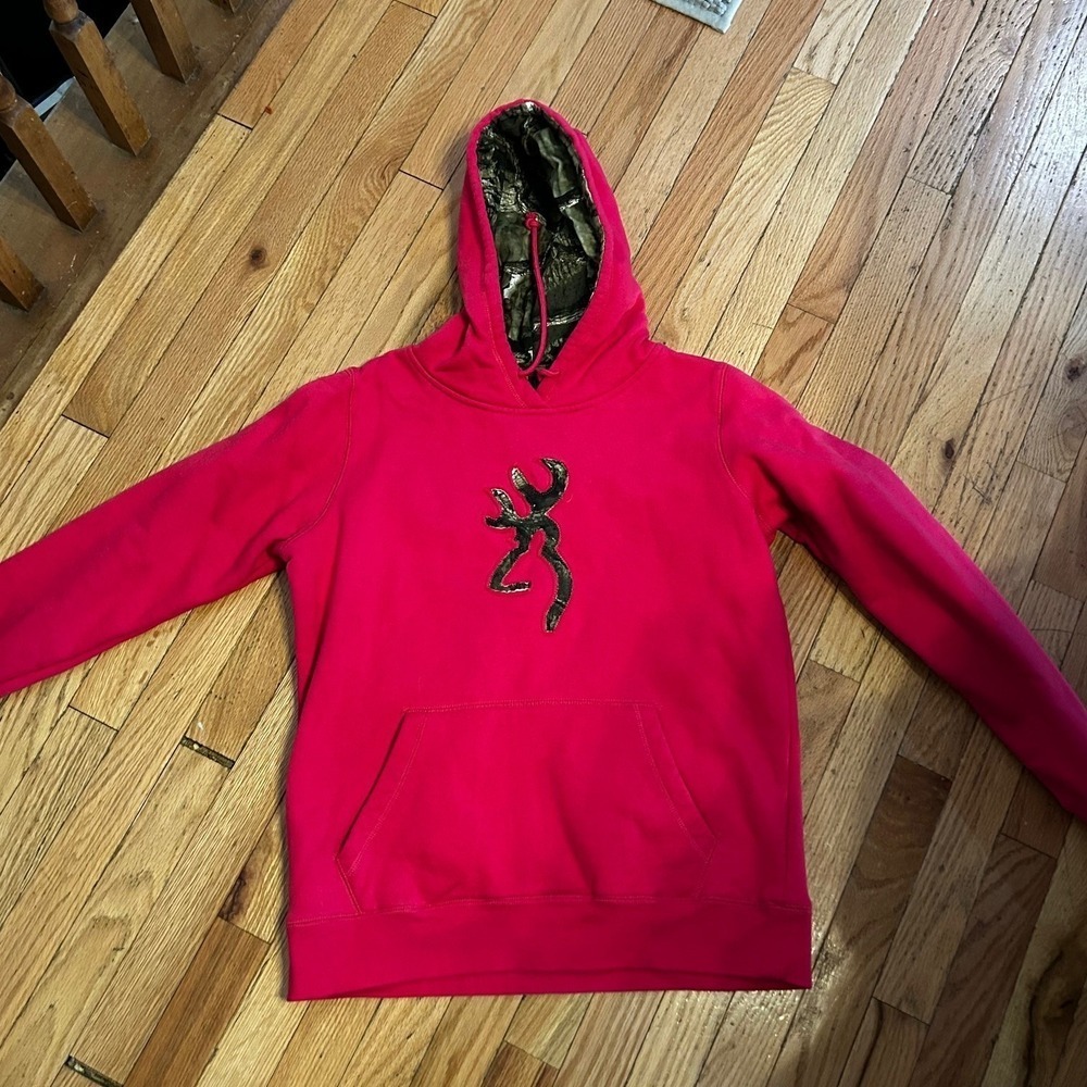 Browning  Pink Hoodie Mossy Oak Camo Pullover Hoodie Womens Sz L Sweatshir T25-1